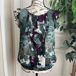 Express Floral Sheer Flutter Sleeve Ruffle Smock Hem Top Purple Gray Sz XS